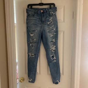 American Eagle Blue jeans, skinny, distressed, size 12.